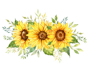 Watercolor sunflowers bouquet, hand painted sunflower bouquets with greenery, sunfower flower arrangement. Wedding invitation clipart elements. Watercolor floral. Botanical Drawing. White background. 