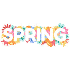 Word Spring with flowers. Isolated on white background with text lettering  spring