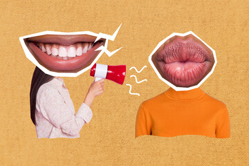 Creative collage picture of two people toothy smile mouth pouted kiss lips instead head talk...