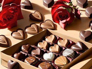 Valentine's Day Chocolate Hearts Gift Box, with Bouquet of Roses 