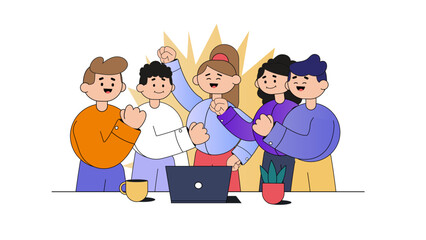 Teamwork success. Group of people happy in the office. Vector illustration