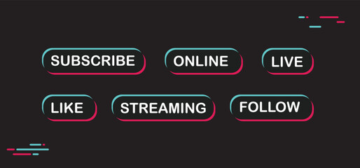 Social media call to action buttons. Streaming live online, follow, like and subscribe. Click here.