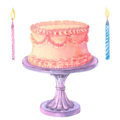 Watercolor cake with candles, isolated on white background. Happy birthday, baby shower celebration concept. Hand drawn clipart for greeting card, invitations, banners.