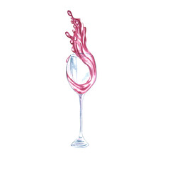 Watercolor composition of a glass of red wine on a white background. Handmade. Raster Can be used in product advertising, postcards, napkins, compositions.
