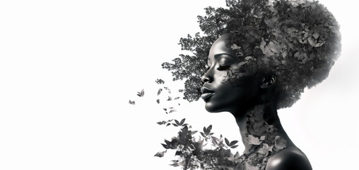 Beautiful face with eyes closed of African woman on white panoramic background. Black and white toned image. Generative AI	
