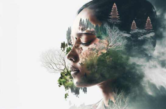 Beautiful face with eyes closed of Asian woman on white panoramic copy space background, image combined with nature, green trees forest. Generative AI	