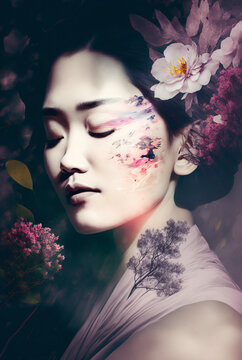 Beautiful face with eyes closed of Asian woman, image combined with nature, pink and purple flowers background. Generative AI	
