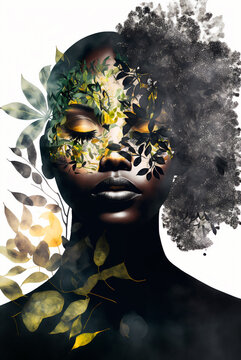 Beautiful face with eyes closed of African woman on white background, image combined with nature, green and yellow trees landscape. Generative AI	
