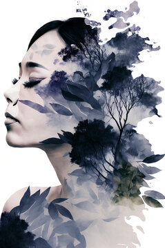 Beautiful face with eyes closed of Asian woman on white background, image combined with nature, violet trees landscape. Generative AI	
