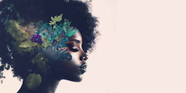 Beautiful side face view with eyes closed of African woman on white background, image combined with nature, green and violet trees landscape. Generative AI	
