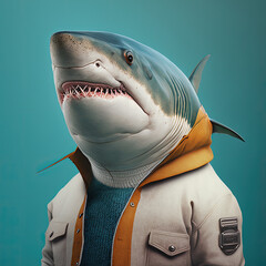 Shark wearing a Y2K outfit design aesthetic illustration made with Generative AI