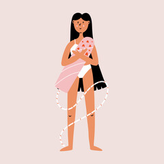 Woman hugs menstrual tampon. Protection for menstrual period in critical days. Intimate hygiene health for vagina. Hand Drawn vector illustration