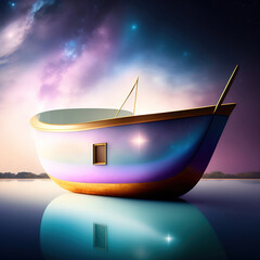 Generative AI: fantasy paper boat sailing in a magic landscape