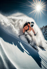 A freeride skiier going down the slope of the mountain with snow powder bahind