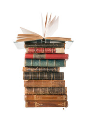 Large books pile with single open book on it isolated png with transparency