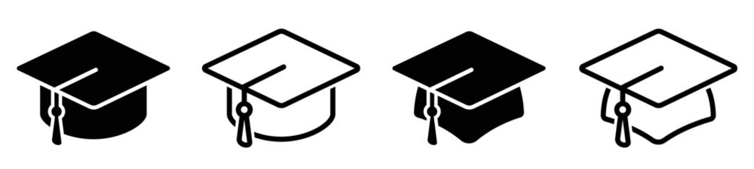 Graduation cap icons set. Student and academic hat outline and filled style.