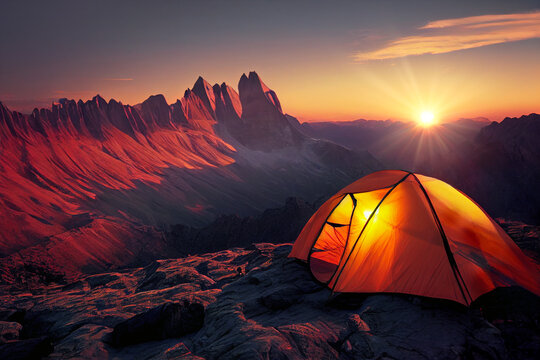 tourist tent camping in mountains at sunset, Generative AI
