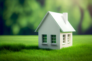A white tiny house model on green grass - obrazy, fototapety, plakaty