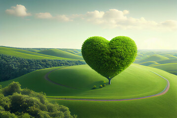 A heart shaped tree among green hills scenery - 563116133