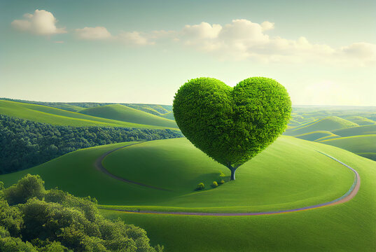 A heart shaped tree among green hills scenery