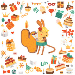 Invitation for a child party. Happy birthday card template. Vector illustration.