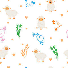 Decorative Easter seamless pattern with lamb, flowers and hearts. Animal print, packaging template, wrapping paper, textiles and wallpaper.