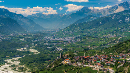 Fototapeta na wymiar Switzerland 2022, Beautiful view of the Alps. Panorama of Crans-Montana.
