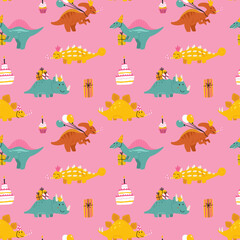 Cartoon cute dinosaurs seamless pattern for birthday party. Baby Dino with balloons and cake. Jurassic colorful animals. Prehistoric kids collection. Dragons in nordic style.