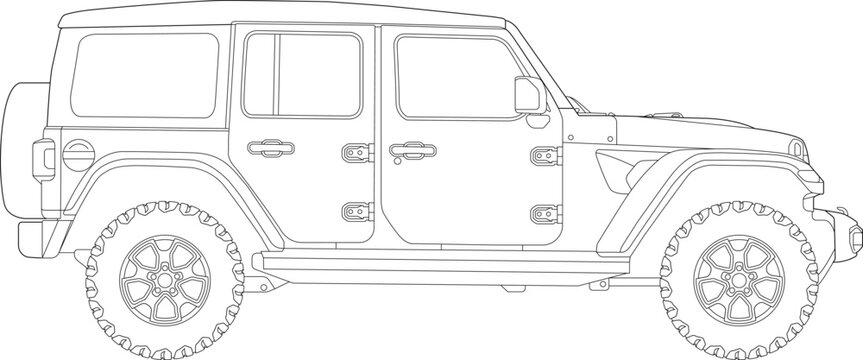 Single line drawing of 4x4 speed wrangler jeep Vector Image