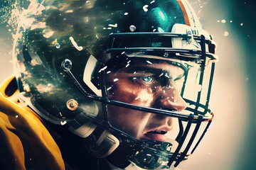 colourful multi exposure illustration of american football player with helmet, generative ai