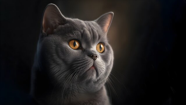 Portrait of British shorthair cat isolated on a black background created with Generated AI Technology