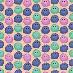 Seamless decorative elegant pattern with cute green, pink and blue cartoon pom poms. Print for textile, wallpaper, covers, surface. For fashion fabric. Retro stylization.