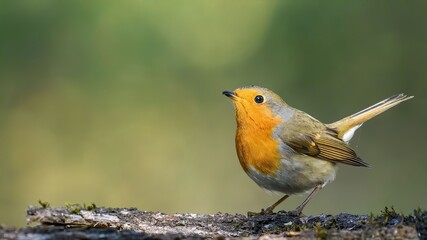 European Robin (Erithacus rubecula) sitting on an old stump.