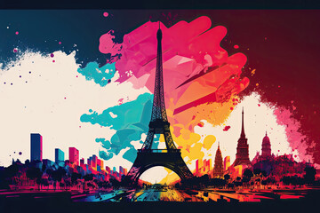 Paris under explosion of color preparing Olympic Games, Generative AI