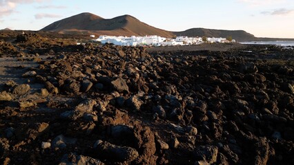 Europe, Spain , Lanzarote, Canary Islands - El Golfo is a lovely village with white house on the sea ocean close  to Playa Blanca and Green lagoon in Timanfaya national park - tourist attraction  