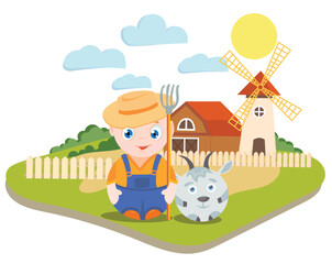 Cute cartoon farmer in overalls with a pitchfork in his hand against the background of a farm, barn and mill. Farmer and goat in simple style. Vector children's illustration.