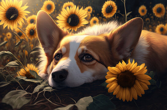 A corgi sleeply laying down in sunflowers. 