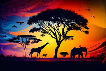 Africa savanna landscape with giraffe & elephant, African colors, generative ai