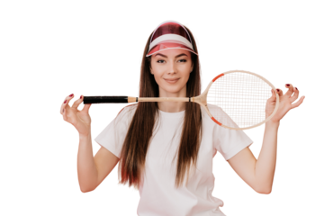 Satisfied Young woman with loose hair in white t-shirt and transparent visor, smiling looking at camera, holding badminton racket against studio transparent background. Sport healthy lifestyle.