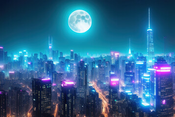 Obraz premium Aerial image of city futuristic city at night . generative ai