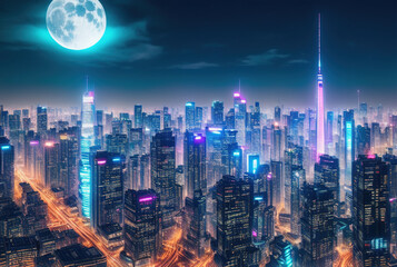 Aerial image of city futuristic city at night . generative ai