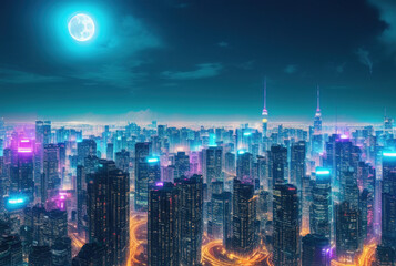 Fototapeta premium Aerial image of city futuristic city at night . generative ai