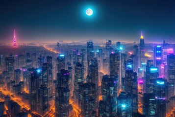 Obraz premium Aerial image of city futuristic city at night . generative ai