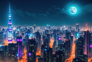 Aerial image of city futuristic city at night . generative ai