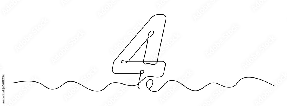 Wall mural number 4 in continuous line drawing style. line art of number four. vector illustration. abstract dr