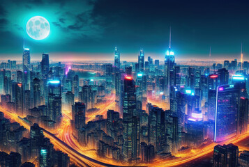 Aerial image of city futuristic city at night . generative ai