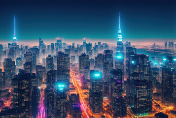 Obraz premium Aerial image of city futuristic city at night . generative ai