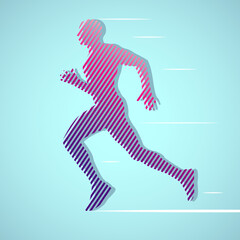 Fototapeta na wymiar A male athlete runs. Runner. Silhouette striped on a blue background. 