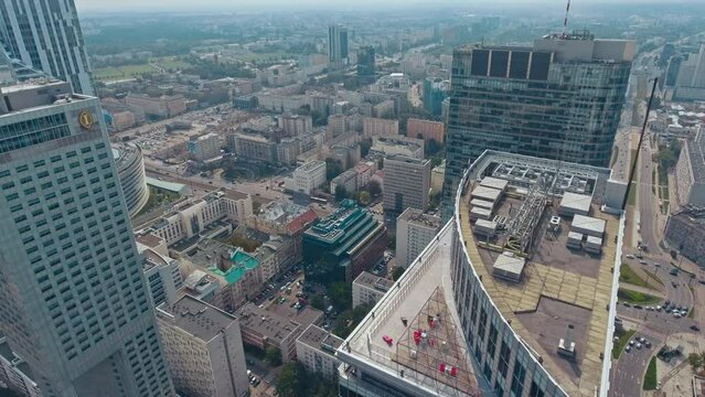 Warsaw, Poland. Aerial view Palace of Culture and Science and downtown business skyscrapers in Warsaw, Poland.