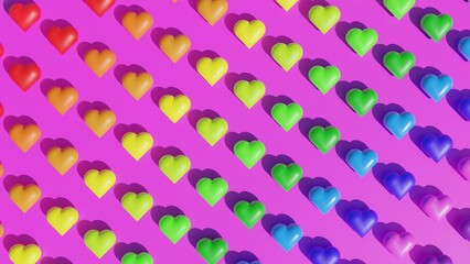 Multicolored Hearts on Pink background. Rainbow Colored Valentine Heart Wallpaper with Orange, Red, Blue, Yellow and Purple love hearts. 3D Render